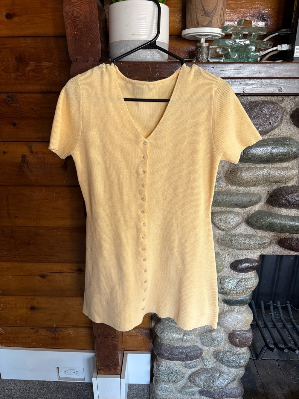 Y2K Pastel Yellow Dress - Summer Spring Mini - Ribbed Button Front - Large - Picture 2 of 3